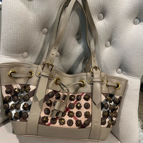 Burberry Taupe Leather Supernova Check Coated Canvas Gold Studs Bag - Picture 1 of 14